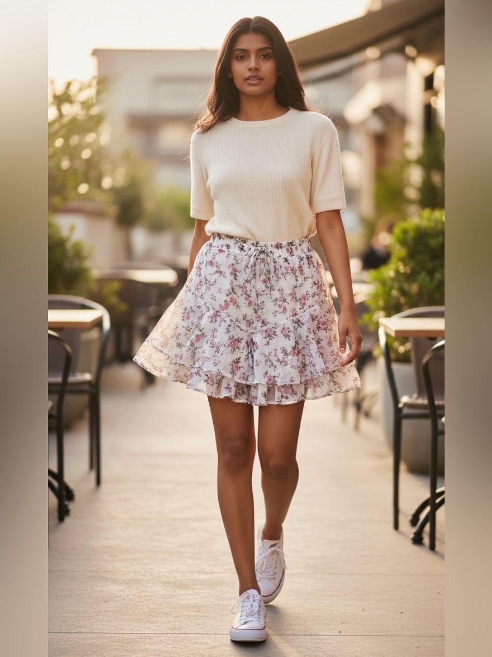 Floral Ruffle Tiered Mini Skort - Cream with Pink Floral XL NWOT
